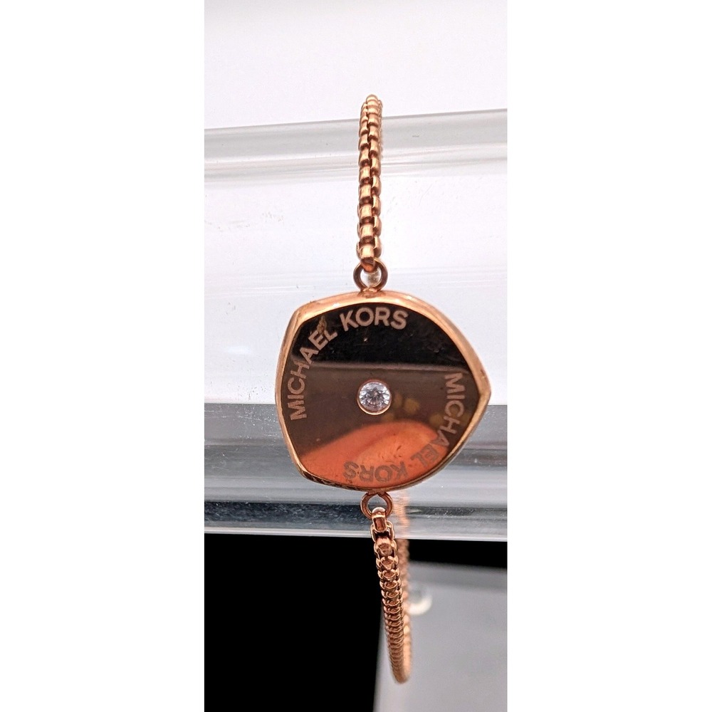 Michael Kors Rose Gold Tone Pave Crystal Slider Bracelet Adjustable Logo Charm